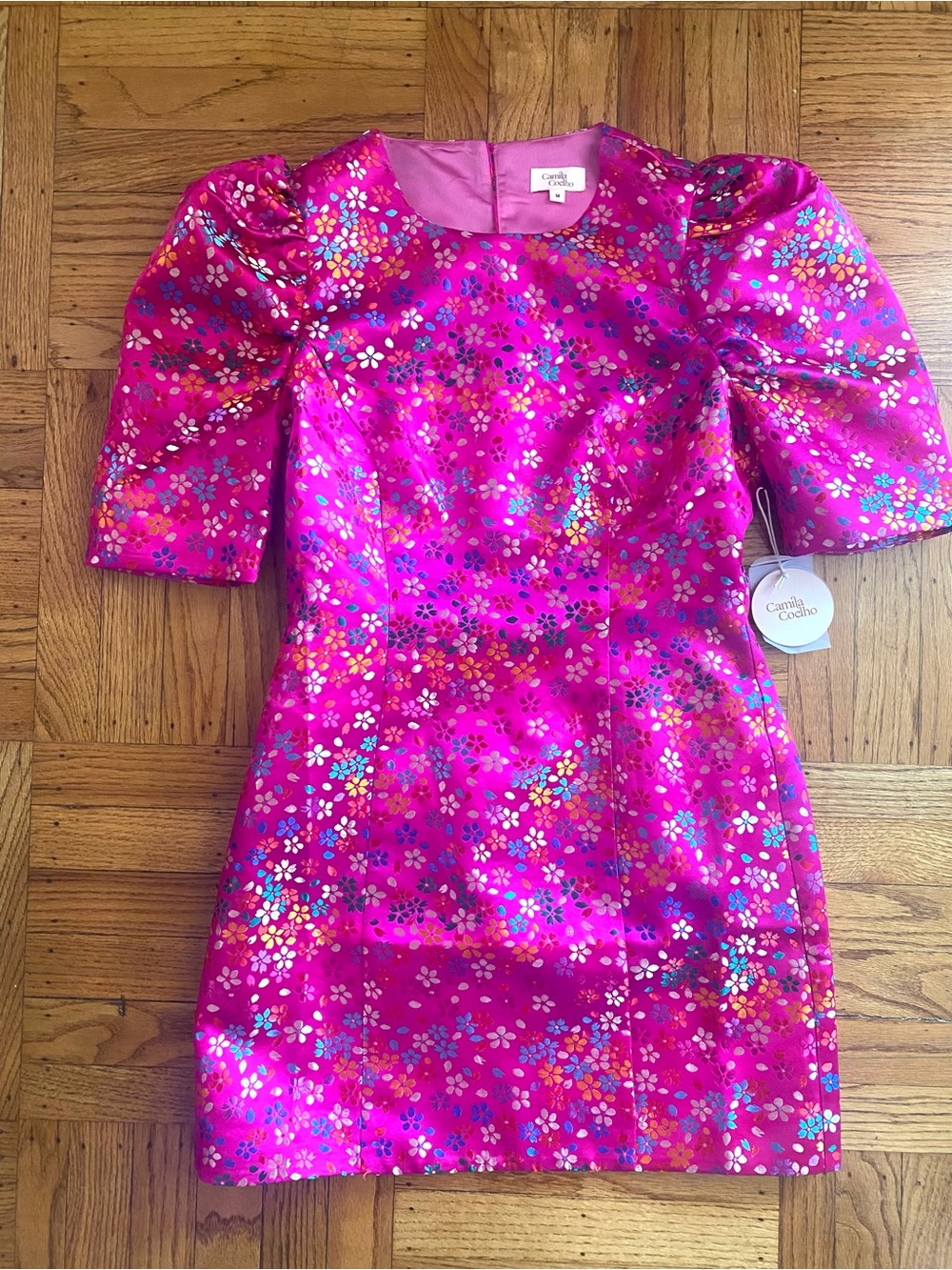 Camila Coelho Fuchsia Floral Puff-Sleeve Party Dress